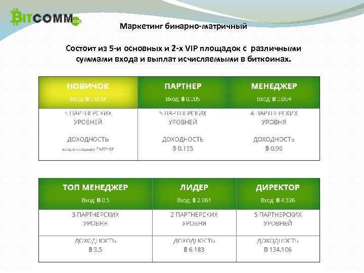 Маркетинг бинарно-матричный Состоит из 5 -и основных и 2 -х VIP площадок с различными