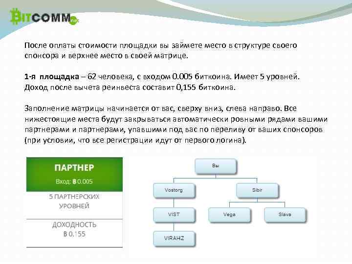 Уплата стоимости. 5 Уровней реферальной программы. Матричный маркетинг на Bitcoin.