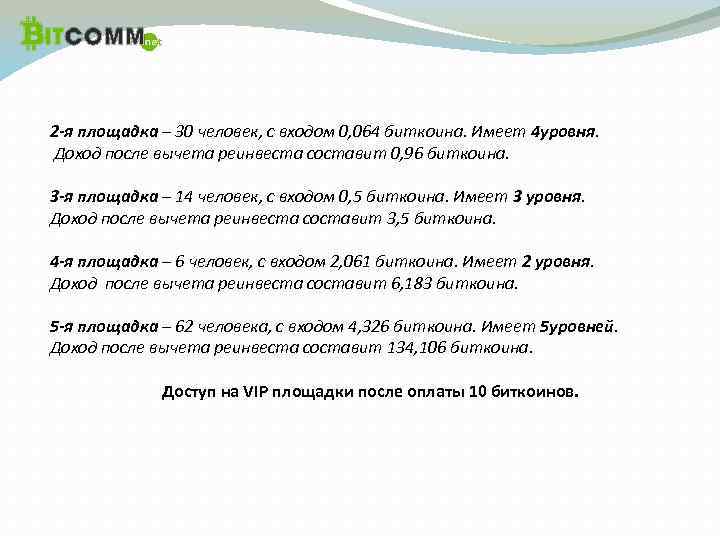 2 -я площадка – 30 человек, с входом 0, 064 биткоина. Имеет 4 уровня.