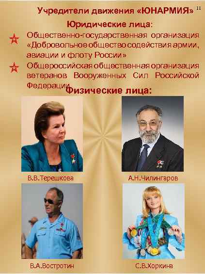 Учредители движения «ЮНАРМИЯ» 11 Юридические лица: Общественно-государственная организация «Добровольное общество содействия армии, авиации и