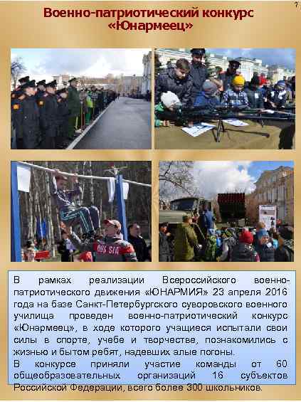 Военно-патриотический конкурс «Юнармеец» В рамках реализации Всероссийского военнопатриотического движения «ЮНАРМИЯ» 23 апреля 2016 года