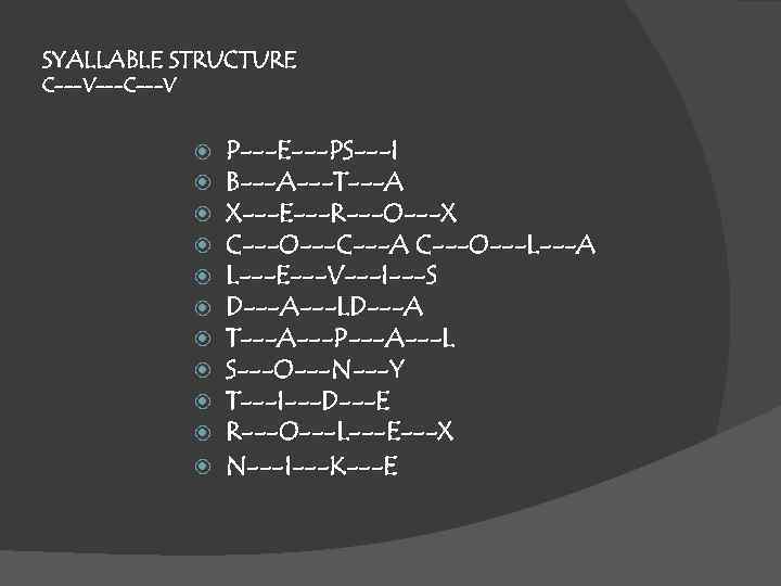 SYALLABLE STRUCTURE C---V---C---V P---E---PS---I B---A---T---A X---E---R---O---X C---O---C---A C---O---L---A L---E---V---I---S D---A---LD---A T---A---P---A---L S---O---N---Y T---I---D---E R---O---L---E---X