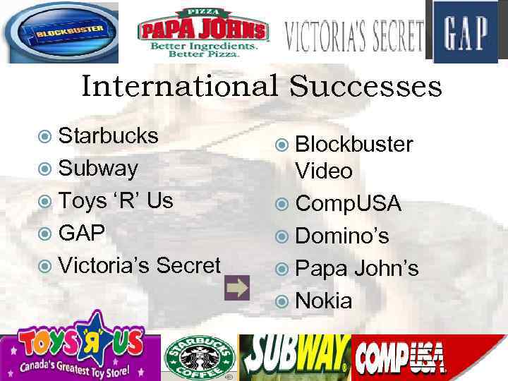  International Successes Starbucks Subway Toys ‘R’ Us GAP Victoria’s Secret Blockbuster Video Comp.