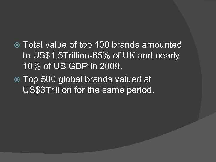 Total value of top 100 brands amounted to US$1. 5 Trillion-65% of UK and