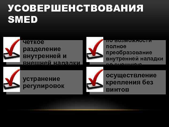 УСОВЕРШЕНСТВОВАНИЯ SMED четкое разделение внутренней и внешней наладки по возможности полное преобразование внутренней наладки