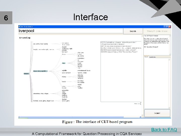 6 Interface A Computational Framework for Question Processing in CQA Services Back to FAQ