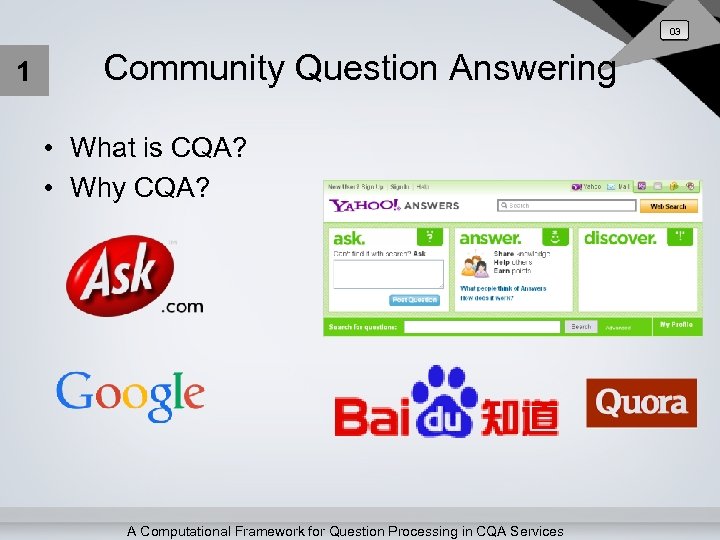 03 1 Community Question Answering • What is CQA? • Why CQA? A Computational