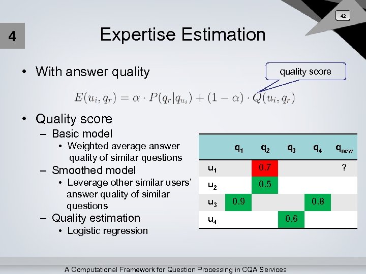 42 4 Expertise Estimation • With answer quality score • Quality score – Basic