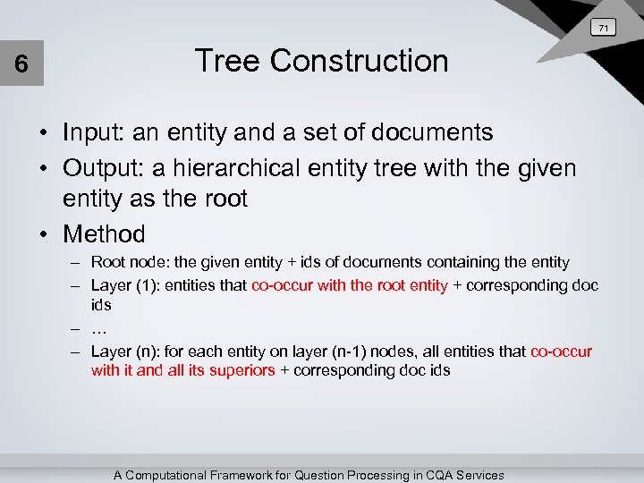 71 6 Tree Construction • Input: an entity and a set of documents •