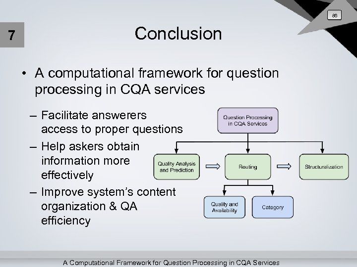 86 7 Conclusion • A computational framework for question processing in CQA services –