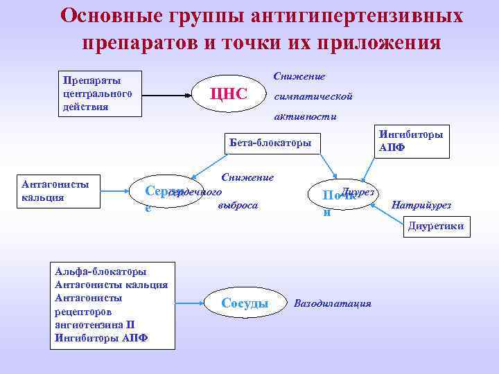 Основные группы антигипертензивных препаратов и точки их приложения Снижение Препараты центрального действия ЦНС симпатической