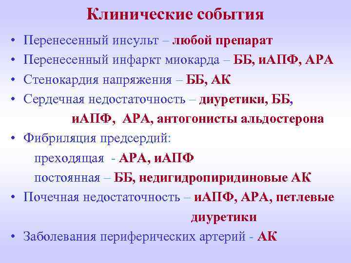 Клинические события • Перенесенный инсульт – любой препарат • Перенесенный инфаркт миокарда – ББ,