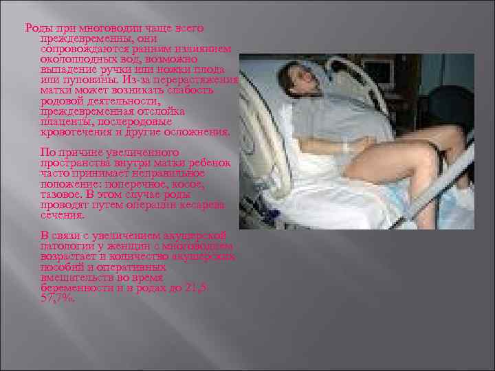 Роды при многоводии чаще всего преждевременны, они сопровождаются ранним излиянием околоплодных вод, возможно выпадение