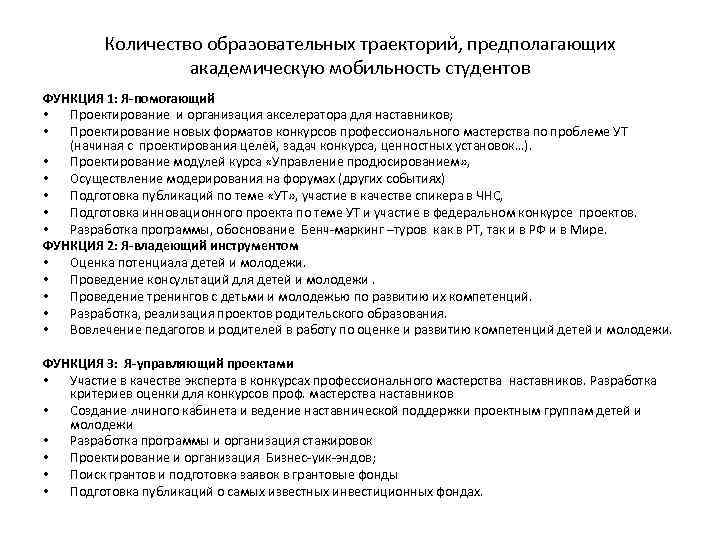 Количество образовательных траекторий, предполагающих академическую мобильность студентов ФУНКЦИЯ 1: Я-помогающий • Проектирование и организация