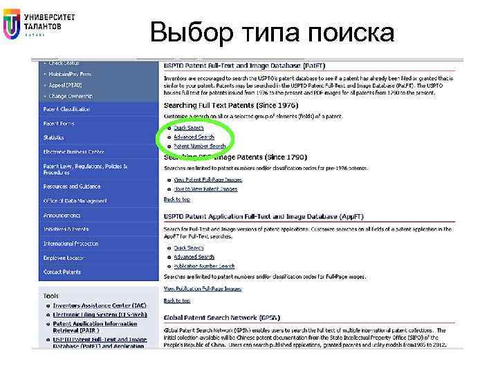 Выбор типа поиска 