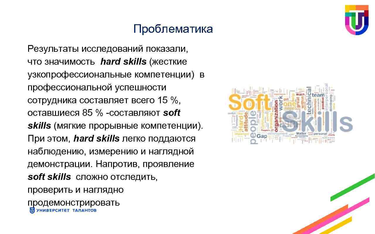 Проблематика Результаты исследований показали, что значимость hard skills (жесткие узкопрофессиональные компетенции) в профессиональной успешности
