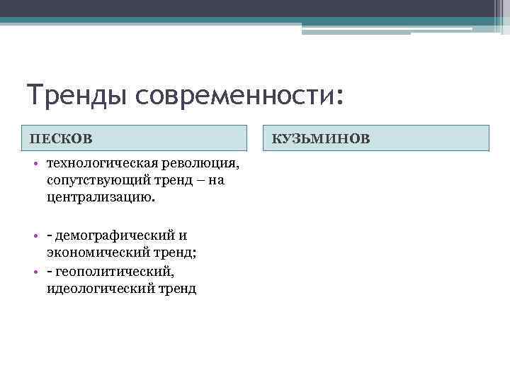 Тренды современности: ПЕСКОВ • технологическая революция, сопутствующий тренд – на централизацию. • - демографический