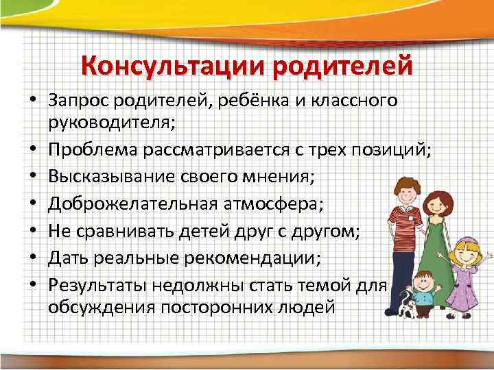 Консультации родителей • Запрос родителей, ребёнка и классного руководителя; • Проблема рассматривается с трех