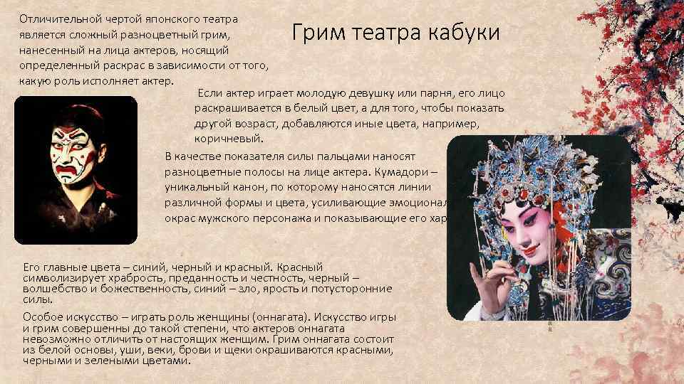Отличительной чертой японского театра является сложный разноцветный грим, нанесенный на лица актеров, носящий определенный