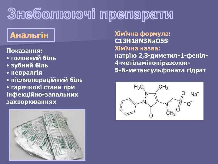 Анальгін Показання: • головний біль • зубний біль • невралгія • післяопераційний біль •