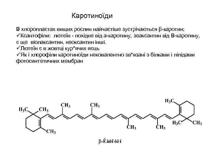 Каротиноїди В хлоропластах вищих рослин найчастіше зустрічаються β-каротин; üКсантофіли: лютеїн - похідне від а-каротину,