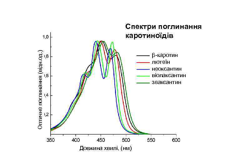 Оптичне поглинання (відн. од. ) Спектри поглинання каротиноїдів β-каротин лютеїн неоксантин віолаксантин зеаксантин Довжина