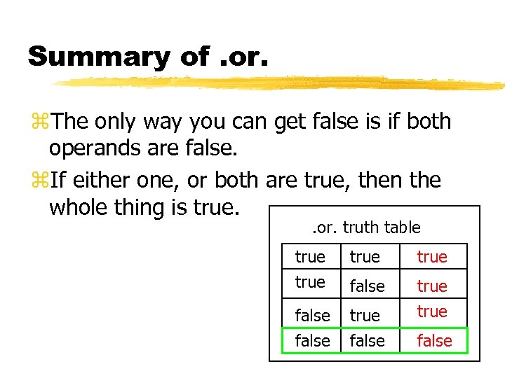 Summary of. or. z. The only way you can get false is if both