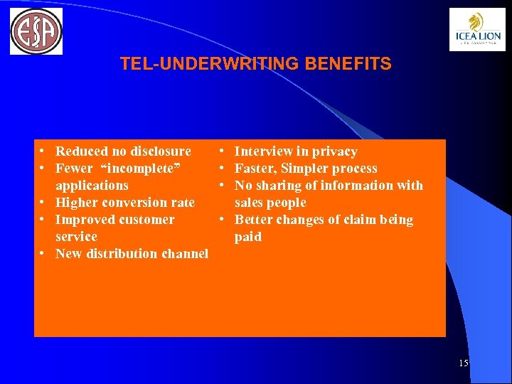 TEL-UNDERWRITING BENEFITS • Reduced no disclosure • Fewer “incomplete” applications • Higher conversion rate