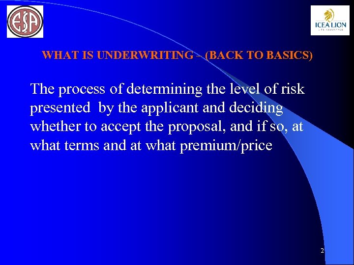 WHAT IS UNDERWRITING – (BACK TO BASICS) The process of determining the level of