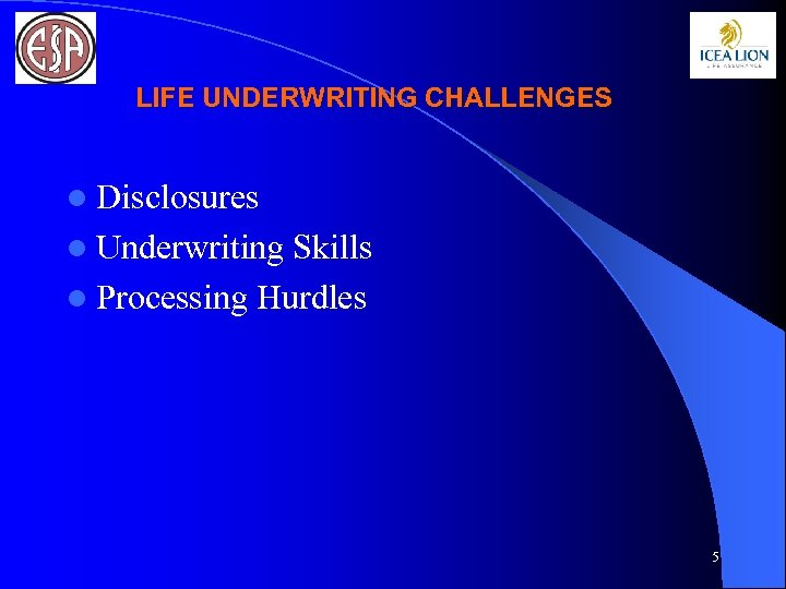 LIFE UNDERWRITING CHALLENGES l Disclosures l Underwriting Skills l Processing Hurdles 5 