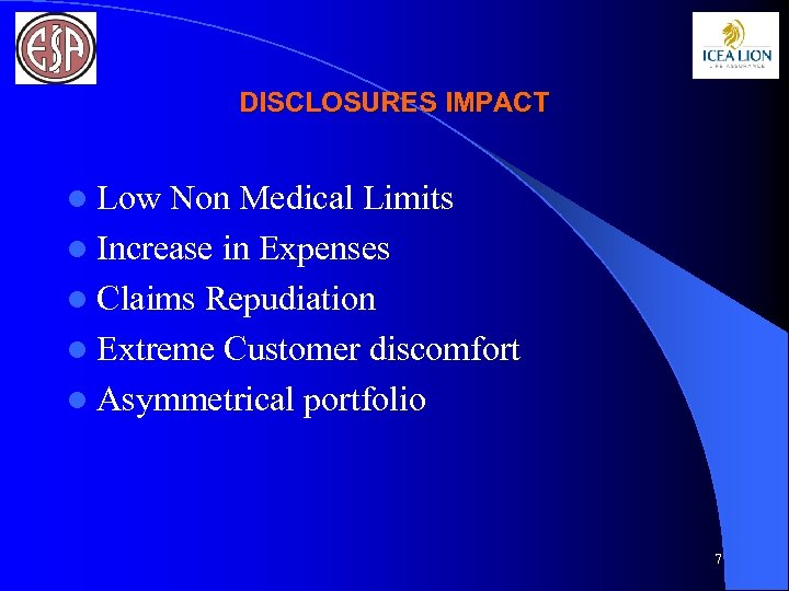 DISCLOSURES IMPACT l Low Non Medical Limits l Increase in Expenses l Claims Repudiation