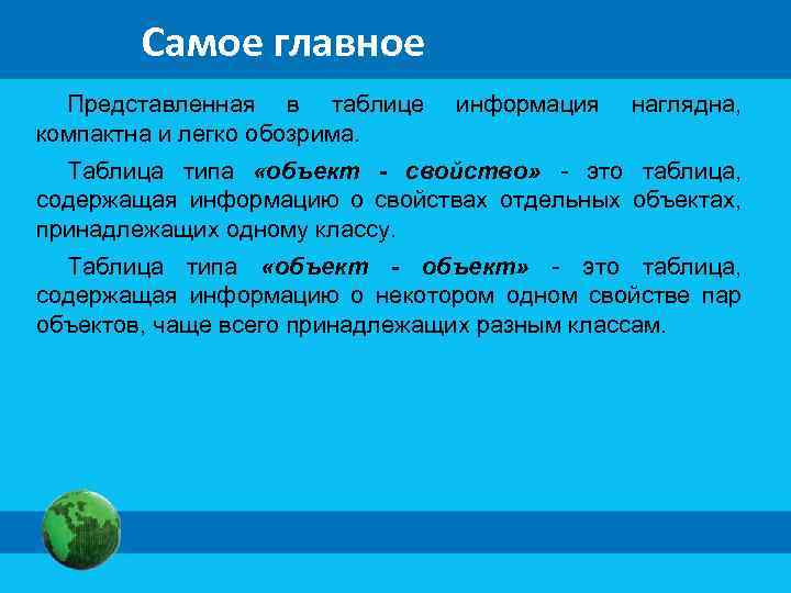 Самое главное Представленная в таблице компактна и легко обозрима. информация наглядна, Таблица типа «объект