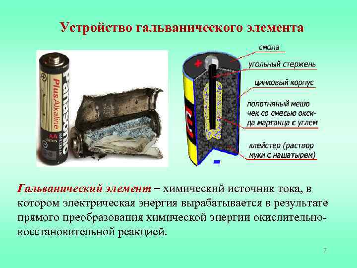 Устройство гальванического элемента Гальванический элемент – химический источник тока, в котором электрическая энергия вырабатывается