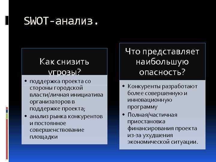 SWOT-анализ. Как снизить угрозы? • поддержка проекта со стороны городской власти/личная инициатива организаторов в