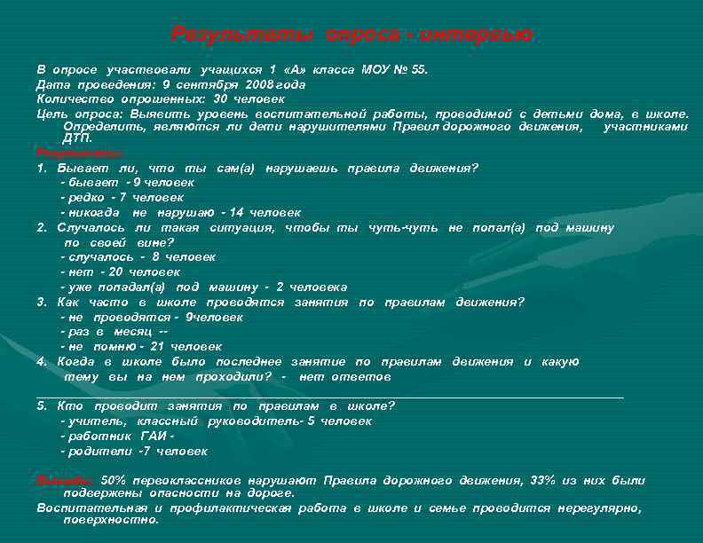 Результаты опроса - интервью В опросе участвовали учащихся 1 «А» класса МОУ № 55.