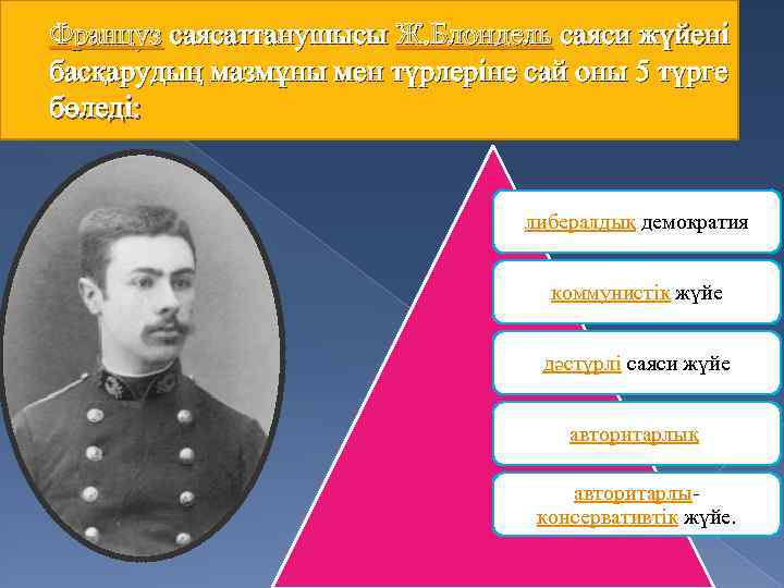 Француз саясаттанушысы Ж. Блондель саяси жүйені басқарудың мазмұны мен түрлеріне сай оны 5 түрге