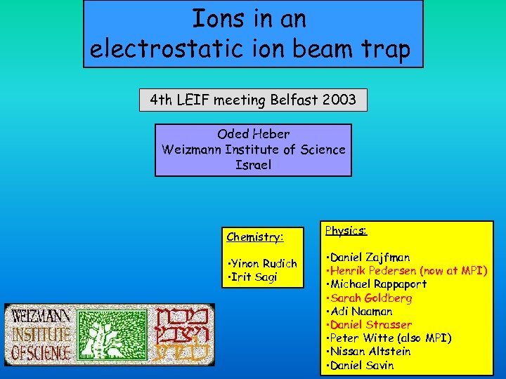 Ions in an electrostatic ion beam trap 4 th LEIF meeting Belfast 2003 Oded