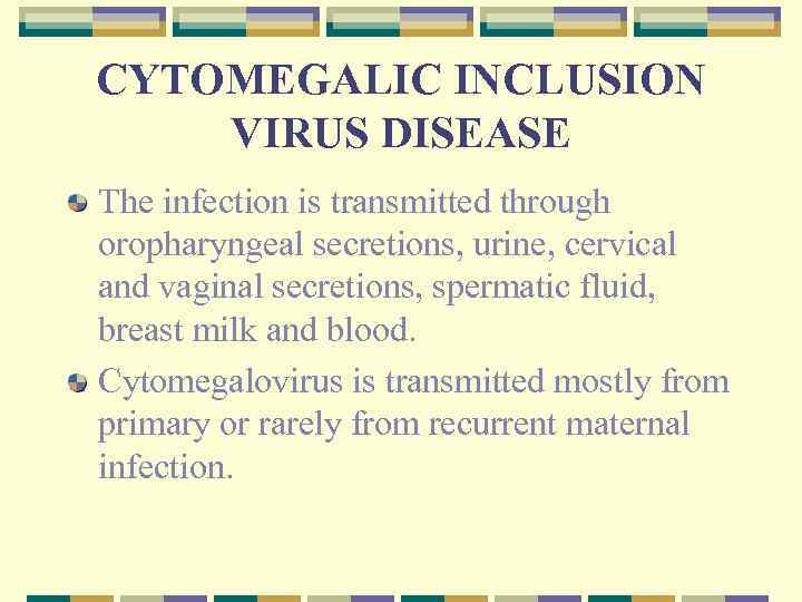 CYTOMEGALIC INCLUSION VIRUS DISEASE The infection is transmitted through oropharyngeal secretions, urine, cervical and