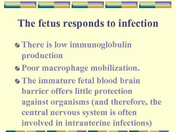 The fetus responds to infection There is low immunoglobulin production Poor macrophage mobilization. The