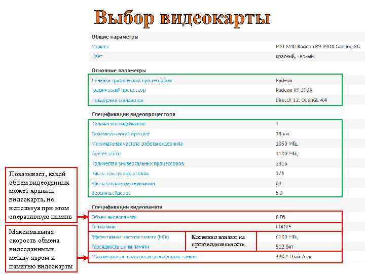 Выбор видеокарты Показывает, какой объем видеоданных может хранить видеокарта, не используя при этом оперативную