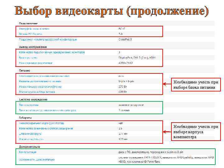Выбор видеокарты (продолжение) Необходимо учесть при выборе блока питания Необходимо учесть при выборе корпуса