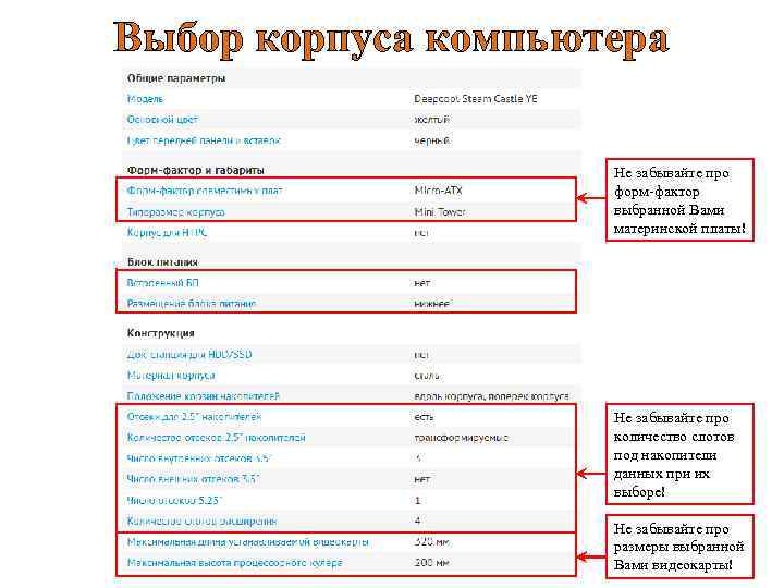 Выбор корпуса компьютера Не забывайте про форм-фактор выбранной Вами материнской платы! Не забывайте про