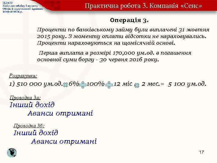 Практична робота 3. Компанія «Сенс» Операція 3. Проценти по банківському займу були виплачені 31