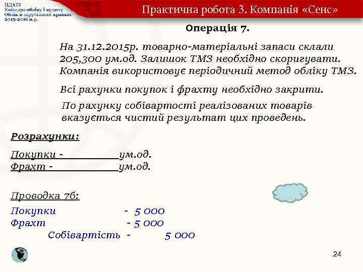 Практична робота 3. Компанія «Сенс» Операція 7. На 31. 12. 2015 р. товарно-матеріальні запаси