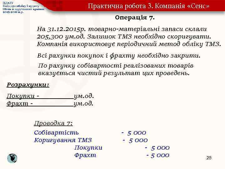 Практична робота 3. Компанія «Сенс» Операція 7. На 31. 12. 2015 р. товарно-матеріальні запаси