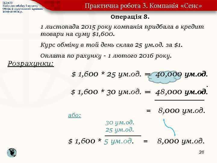 Практична робота 3. Компанія «Сенс» Операція 8. 1 листопада 2015 року компанія придбала в