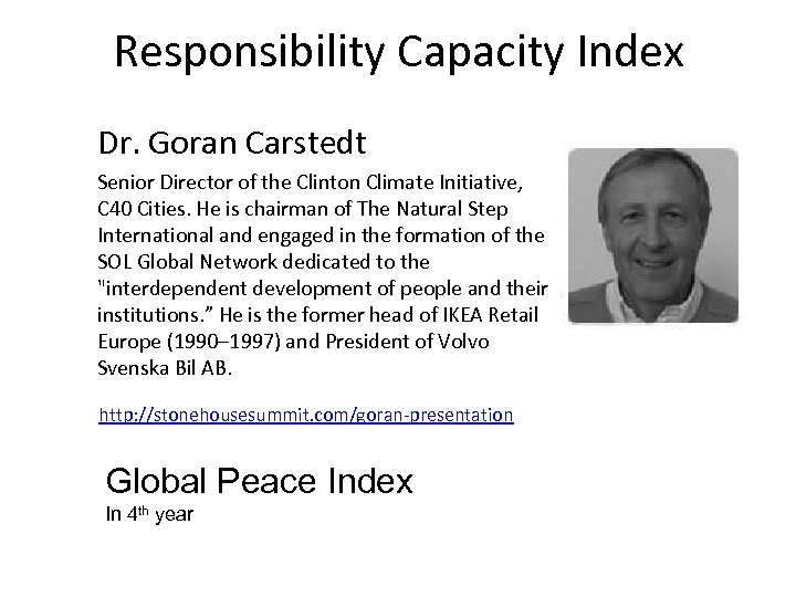 Responsibility Capacity Index Dr. Goran Carstedt Senior Director of the Clinton Climate Initiative, C