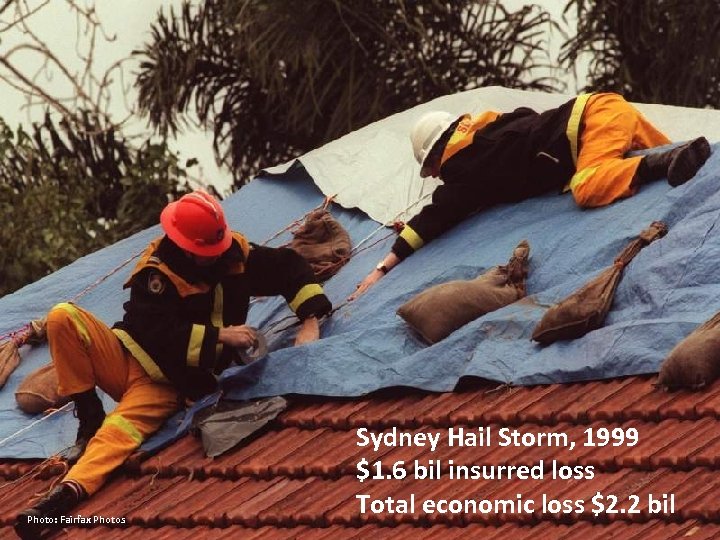 Photo: Fairfax Photos Sydney Hail Storm, 1999 $1. 6 bil insurred loss Total economic