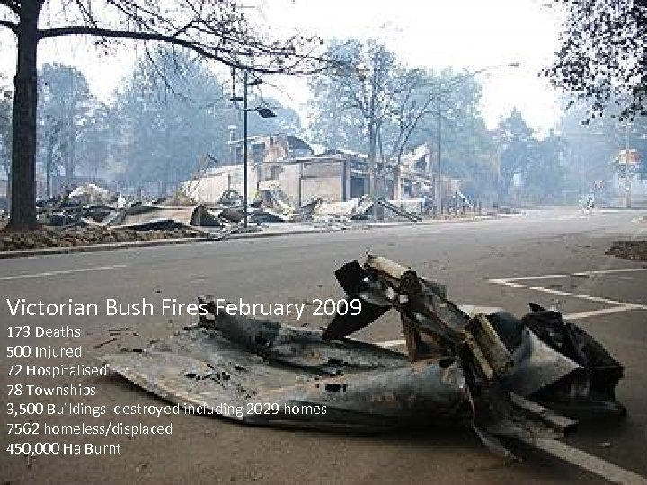 Victorian Bush Fires February 2009 173 Deaths 500 Injured 72 Hospitalised 78 Townships 3,