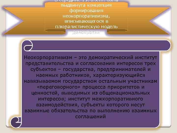 В середине 1970 -х гг. была выдвинута концепция формирования неокорпоративизма, вписывающегося в плюралистическую модель